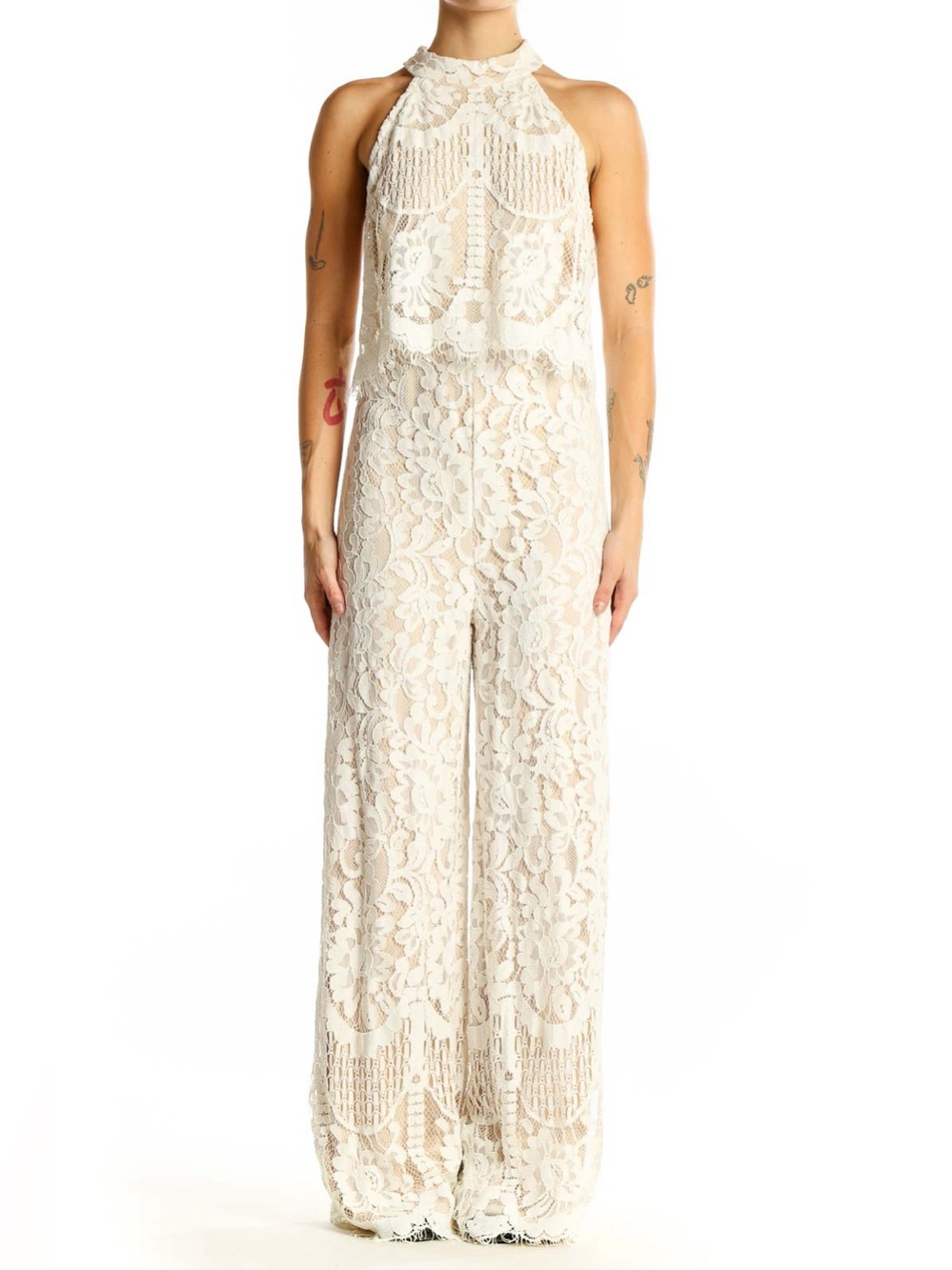 Lulu's Ivory Lace Halter Jumpsuit Sz Medium based